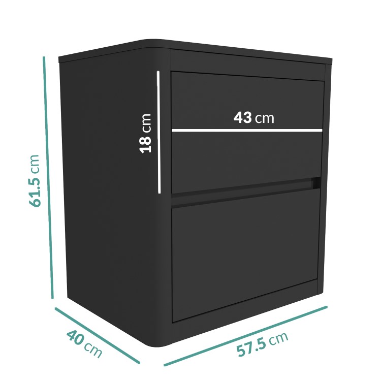Grey High Gloss Curved 2 Drawer Bedside Table - Lexi