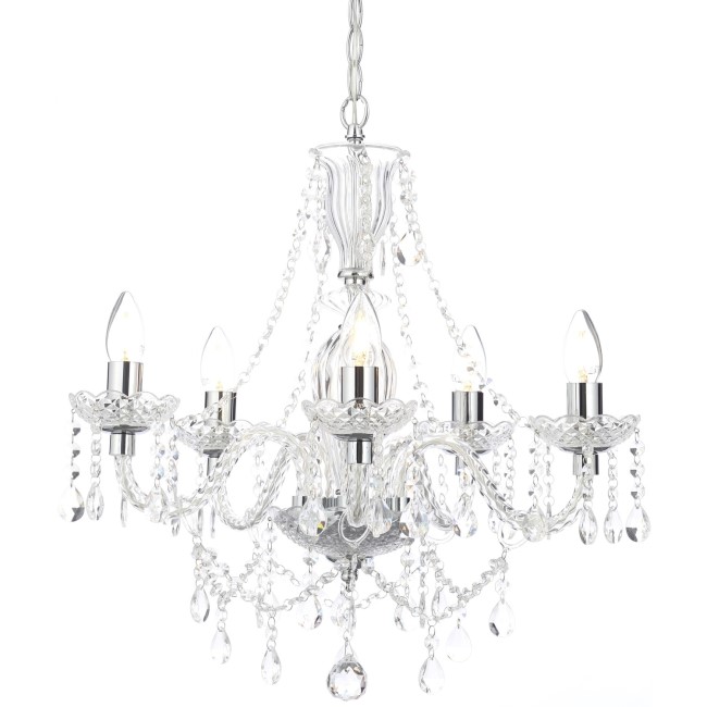 GRADE A1 - Bryony 5 Light Silver Crystal Chandelier Light with Candle Style Features & Glass Droplets