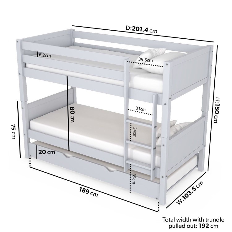 Grey Wooden Detachable Bunk Bed with Trundle - Luca