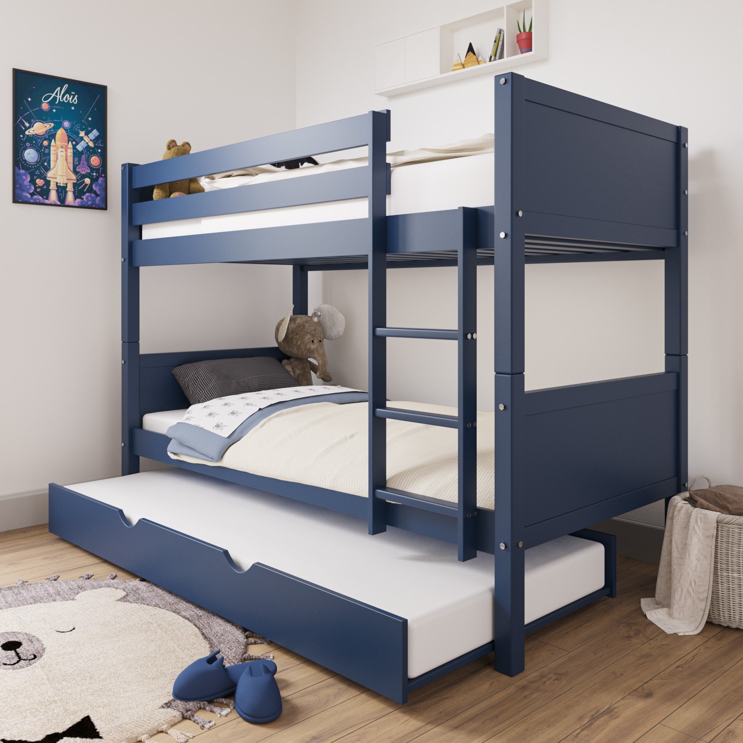 Navy Blue Wooden Bunk Bed With Trundle, Wooden Bunk Bed Connectors