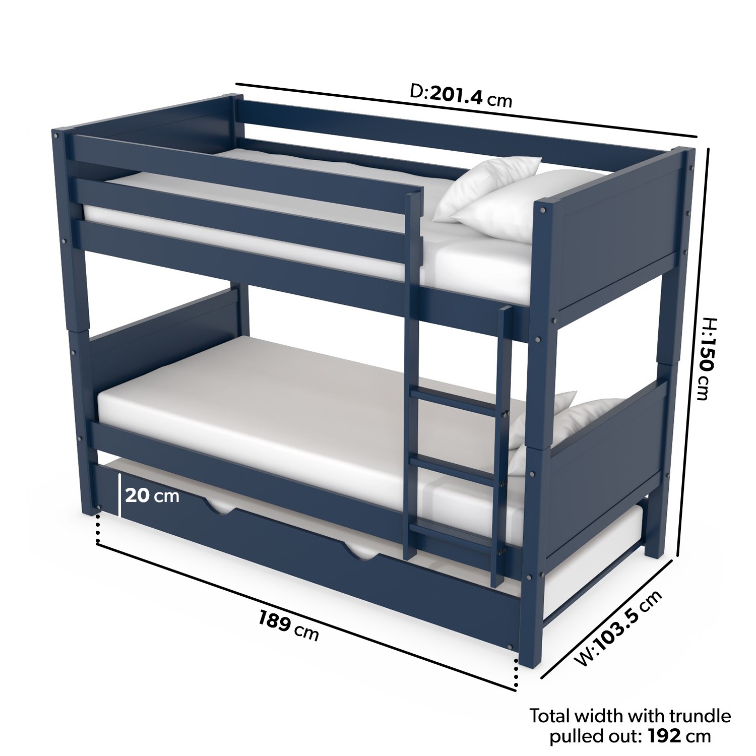 Navy Blue Wooden Bunk Bed With Trundle, Pull Out Bunk Bed