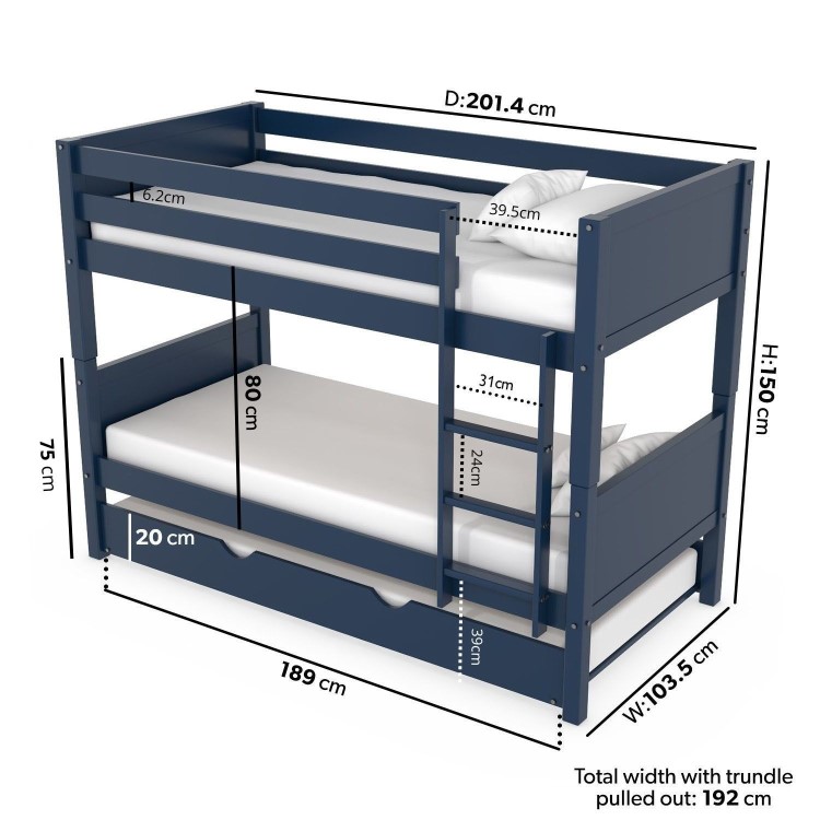 Navy Wooden Detachable Bunk Bed with Trundle - Luca