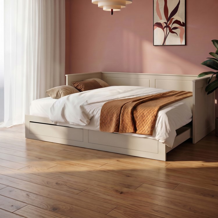 Double Wooden Day Bed with Trundle and Storage in Taupe - Lincoln