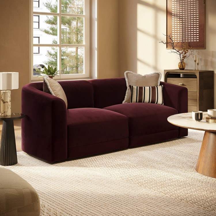 Burgundy Velvet Curved Modular 3 Seater Sofa - Laine