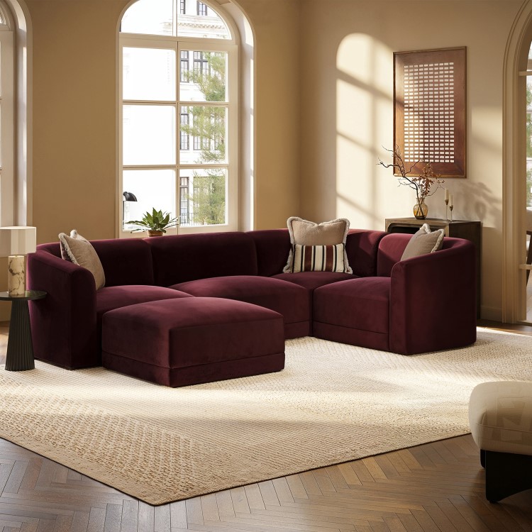 Large Burgundy Velvet Curved Modular 5 Seater Corner Sofa - Laine