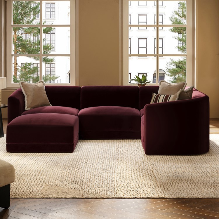 Large Burgundy Velvet Curved Modular 5 Seater Corner Sofa - Laine