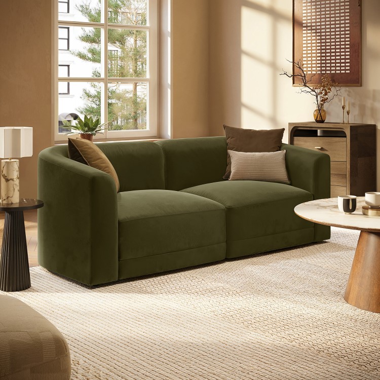 Olive Green Velvet Curved Modular 3 Seater Sofa - Laine
