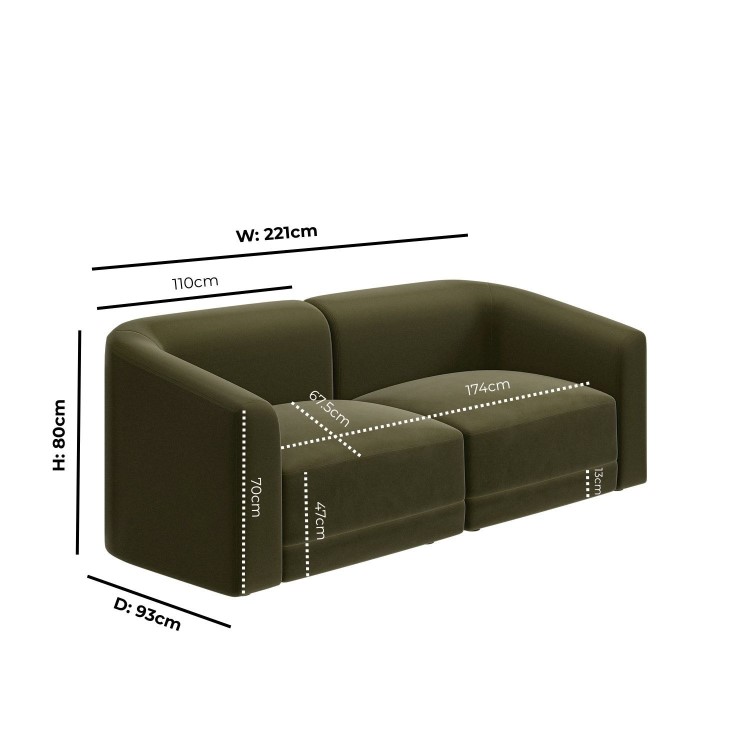 Olive Green Velvet Curved Modular 3 Seater Sofa - Laine