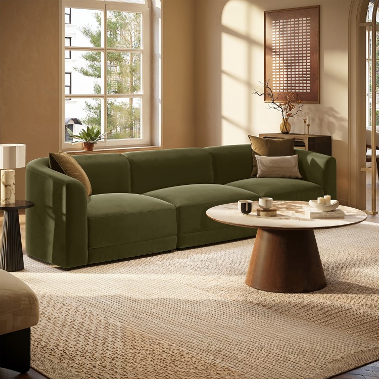 Olive Green Velvet Curved Modular 4 Seater Sofa - Laine