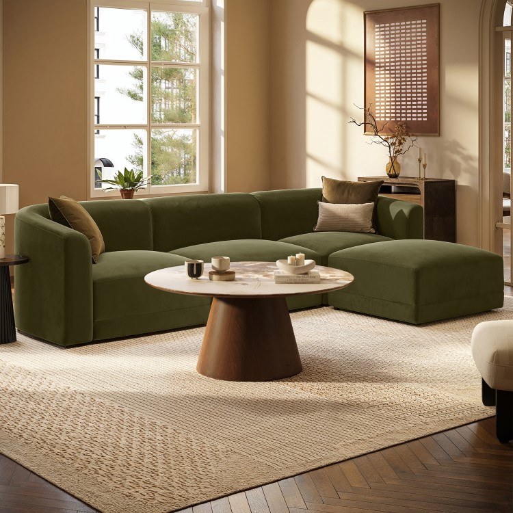 Large Olive Green Velvet Curved Modular 4 Seater Chaise Corner Sofa - Laine