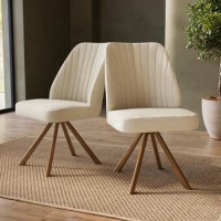 Set of 2 Beige Upholstered Swivel Dining Chairs with Walnut Effect Legs - Logan