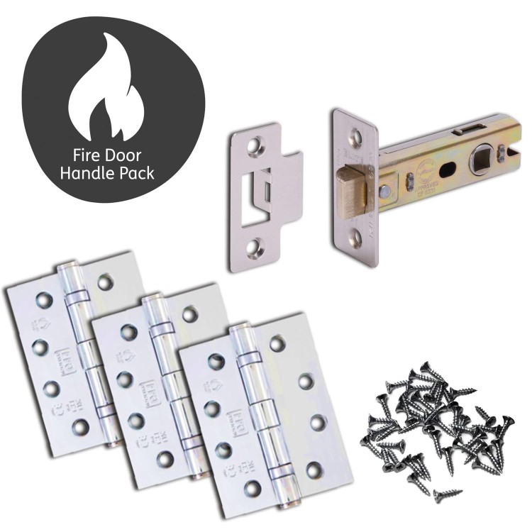 Internal Silver Polished Chrome Lever Fire Door Handle with Latch and Hinges Pack - 75mm Latch - Loire - XL Joinery