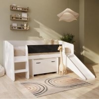 Single White Low Cabin Bed with Slide and Storage Box - Loki