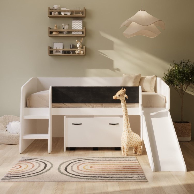 Single White Low Cabin Bed with Slide and Storage Box - Loki
