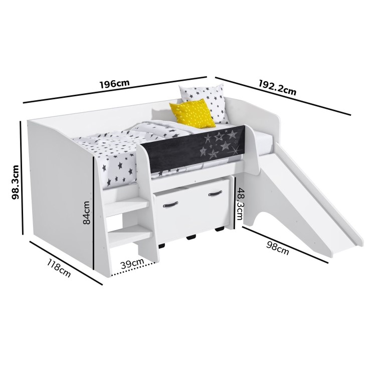 Single White Low Cabin Bed with Slide and Storage Box - Loki