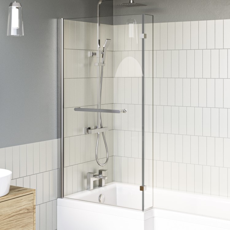 GRADE A1 - Lomax L Shape 1450mm 6mm Chrome Bath Screen with Towel Rail