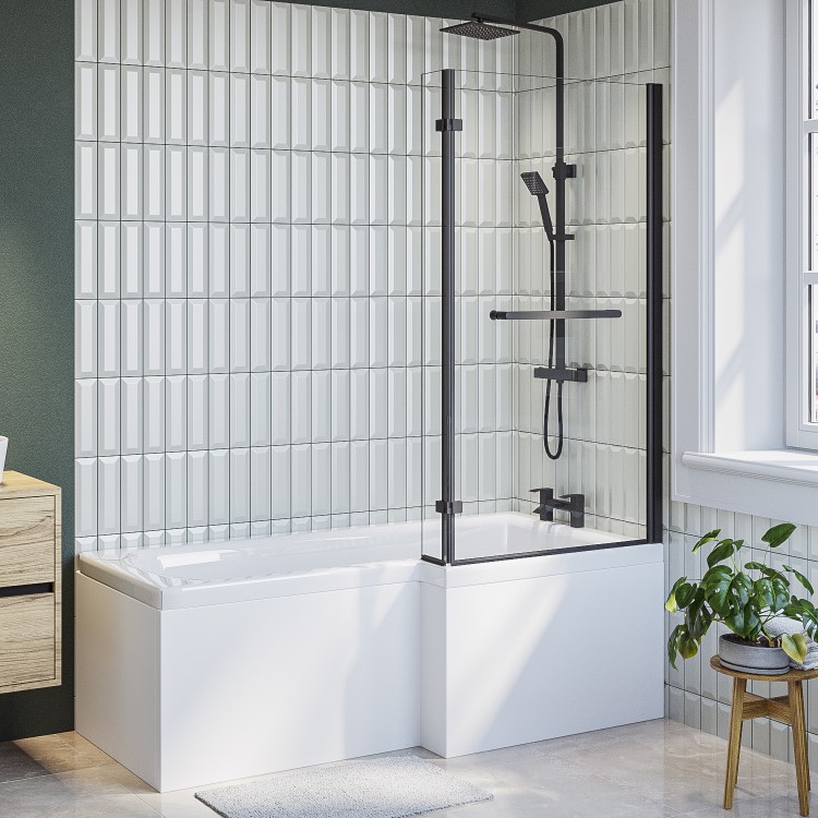 ONLY OPENED - Lomax L Shape 1450mm 6mm Matt Black Bath Screen with Towel Rail