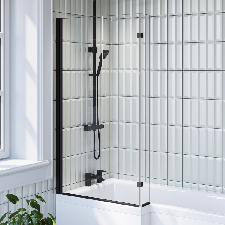 GRADE A1 - Lomax L Shape 1450mm 6mm Matt Black Bath Screen