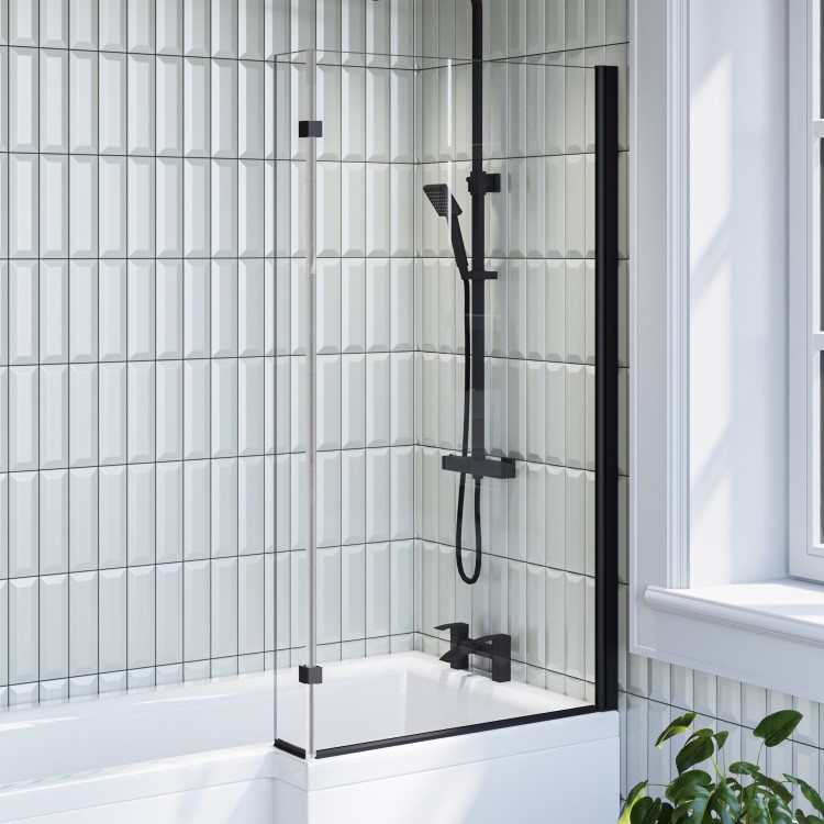 GRADE A1 - Lomax L Shape 1450mm 6mm Matt Black Bath Screen