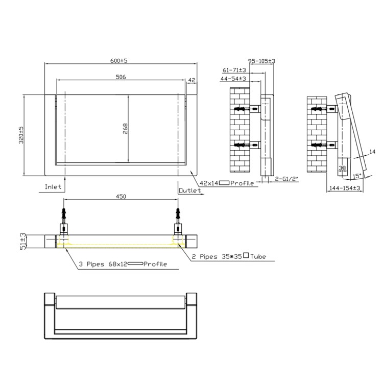 Beige Horizontal Panel Radiator with Pull Out Towel Bar 320 x 600mm - Lomas