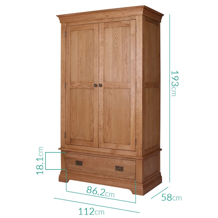 Loire Oak Farmhouse 2 Door 1 Drawer Wardrobe