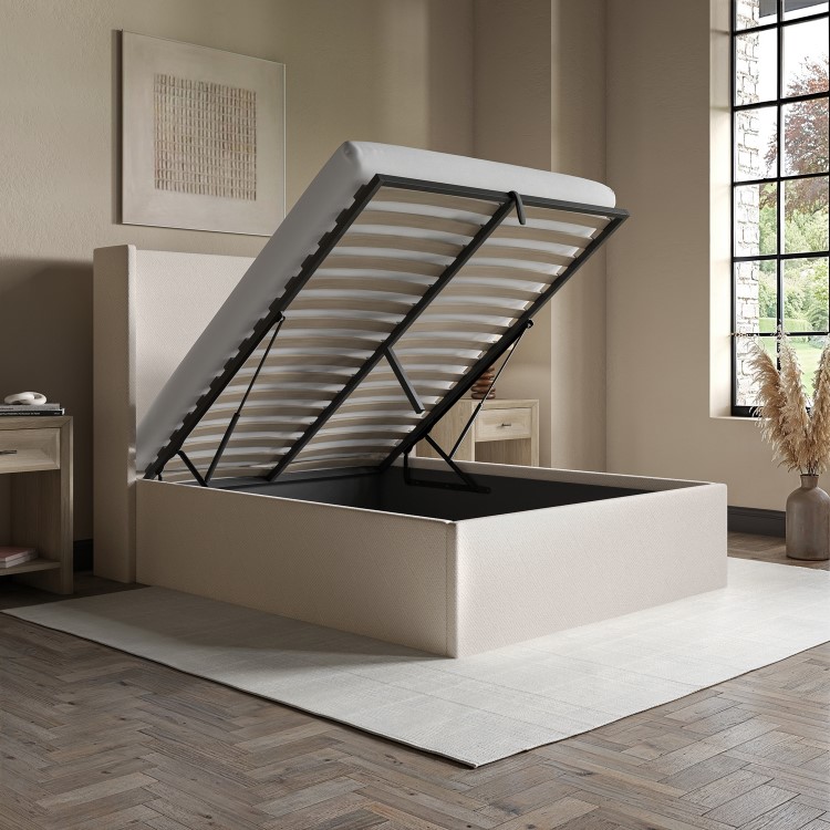 Cream Fabric Double Ottoman Bed with Winged Headboard - Loxley