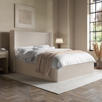 Cream Fabric King Size Ottoman Bed with Winged Headboard - Loxley