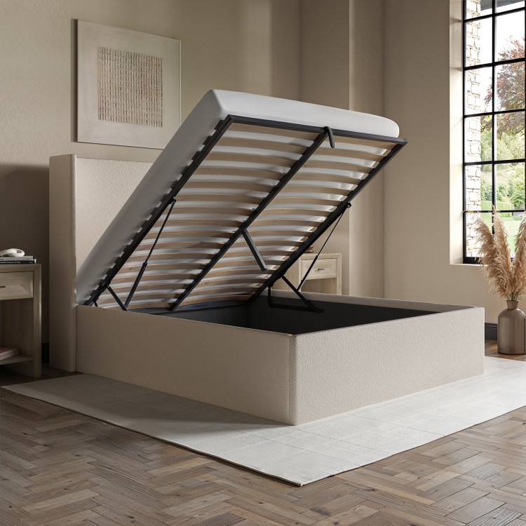 Cream Fabric King Size Ottoman Bed with Winged Headboard - Loxley