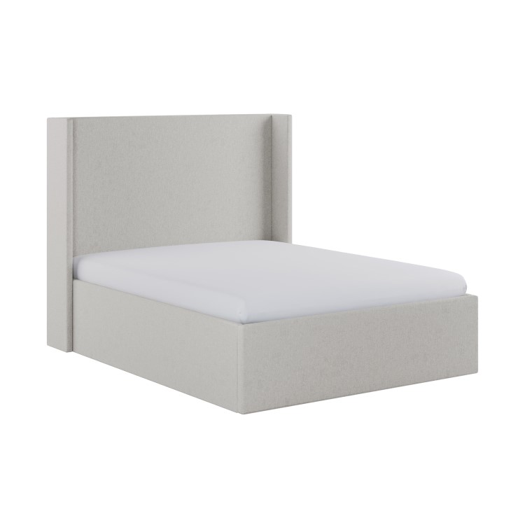 Grey Chenille Double Ottoman Bed with Winged Headboard - Loxley