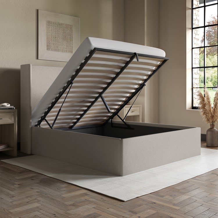 Grey Chenille King Size Ottoman Bed with Winged Headboard - Loxley