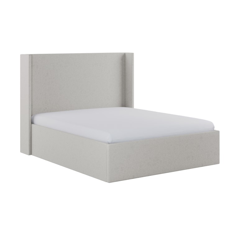Grey Chenille King Size Ottoman Bed with Winged Headboard - Loxley