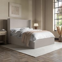 Grey Fabric Small Double Ottoman Bed with Winged Headboard - Loxley
