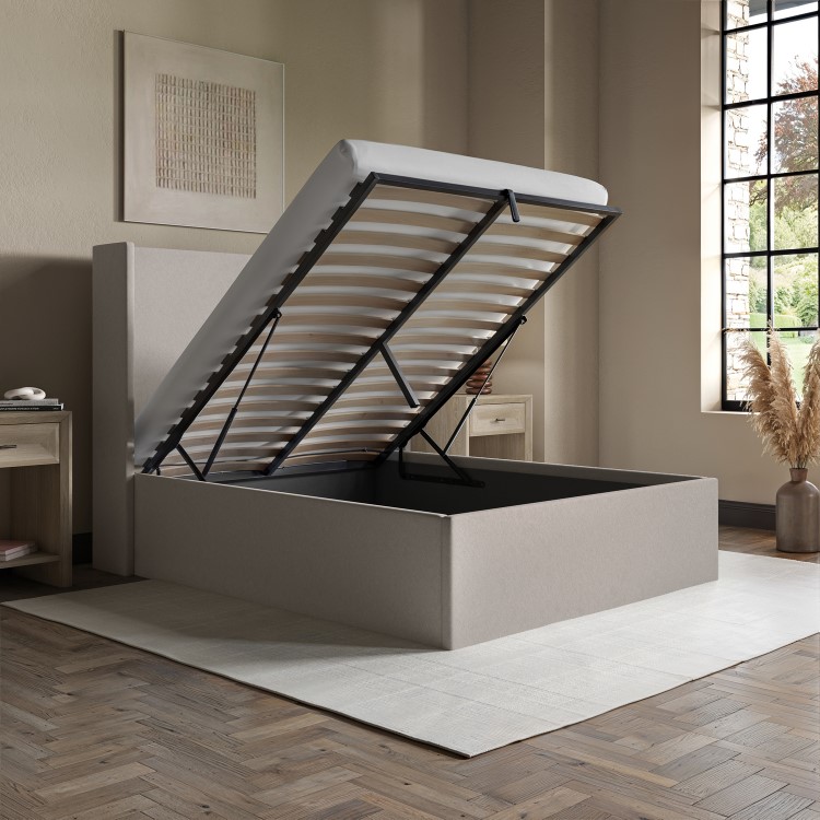 Grey Fabric Small Double Ottoman Bed with Winged Headboard - Loxley