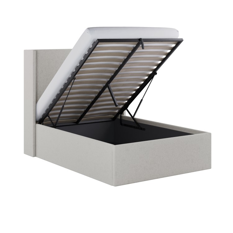 Grey Fabric Small Double Ottoman Bed with Winged Headboard - Loxley