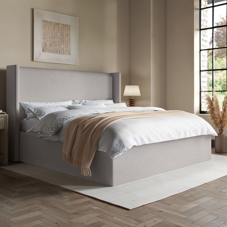 Grey Upholstered Super King Ottoman Bed with Winged Headboard - Loxley