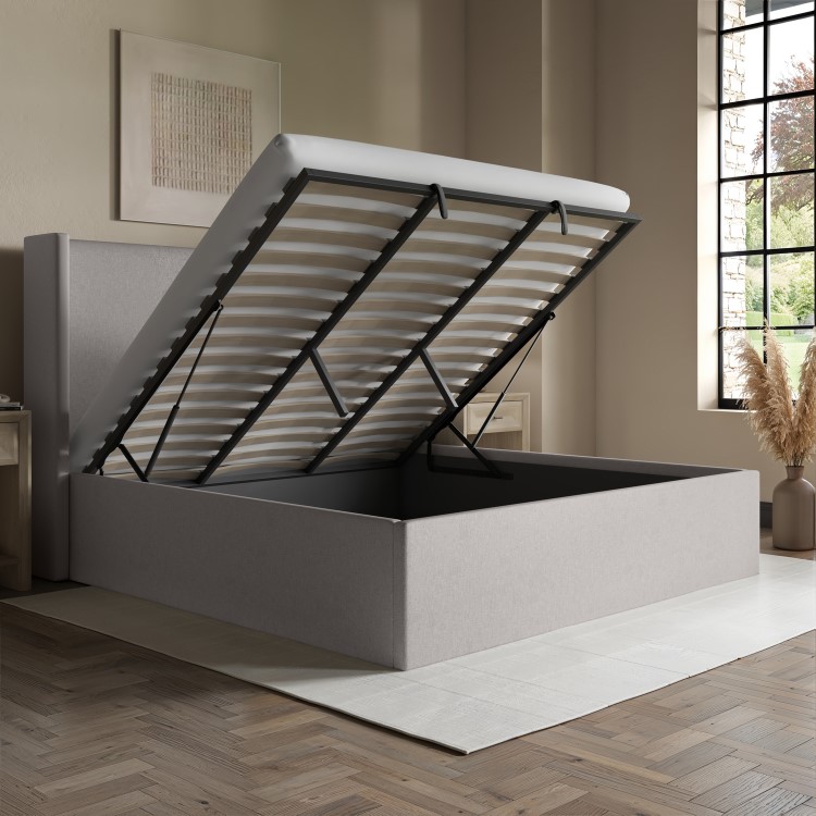 Grey Upholstered Super King Ottoman Bed with Winged Headboard - Loxley