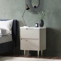 Curved Taupe 2 Drawer Bedside Table with Marble Top - Lorenzo