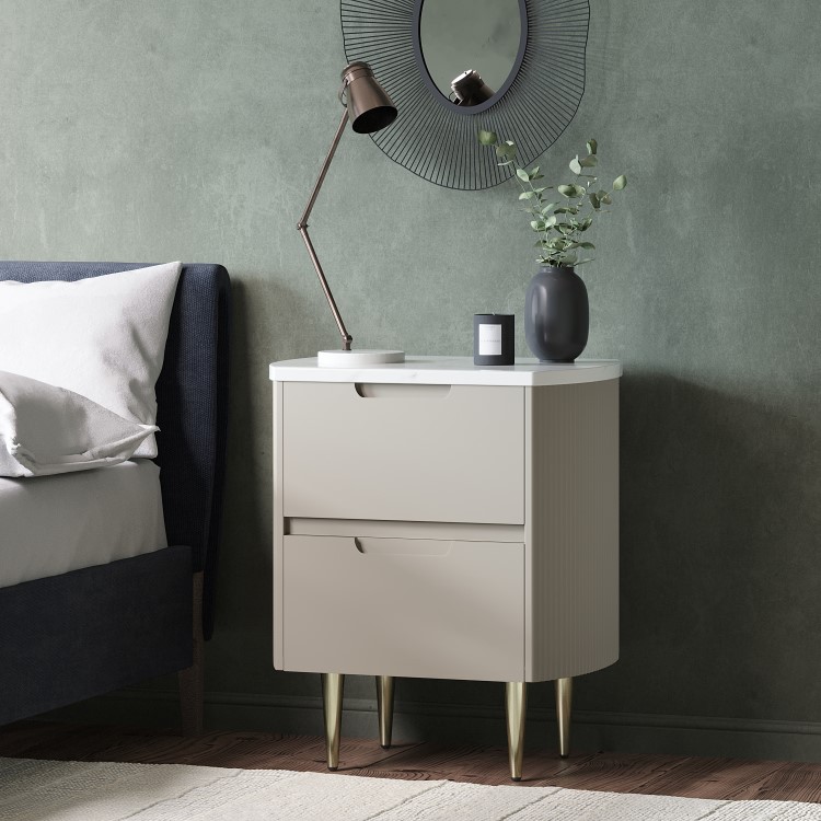 Curved Taupe 2 Drawer Bedside Table with Marble Top - Lorenzo