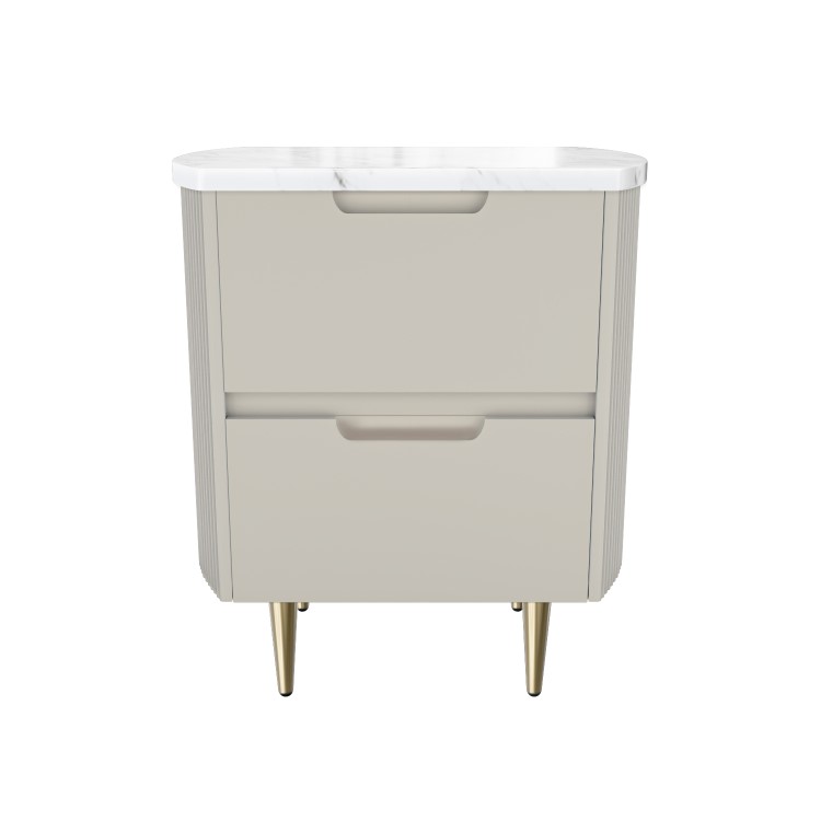 Curved Taupe 2 Drawer Bedside Table with Marble Top - Lorenzo
