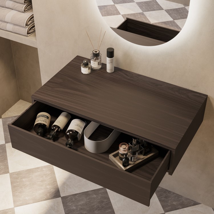 GRADE A1 - 800mm Walnut Wood Effect Wall Hung Countertop Vanity Unit - Lugo