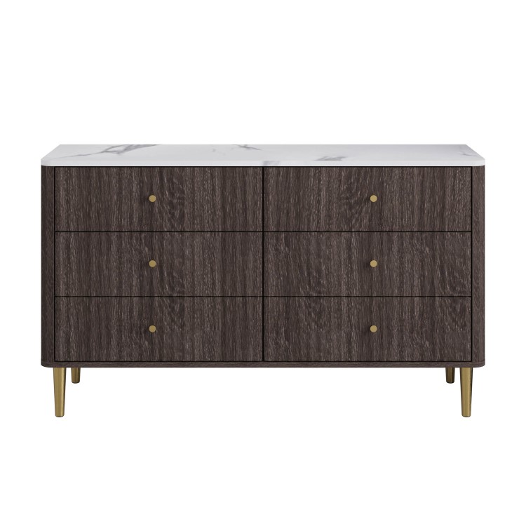 Wide Dark Wood Marble Top Fluted Chest of 6 Drawers - Lucia 