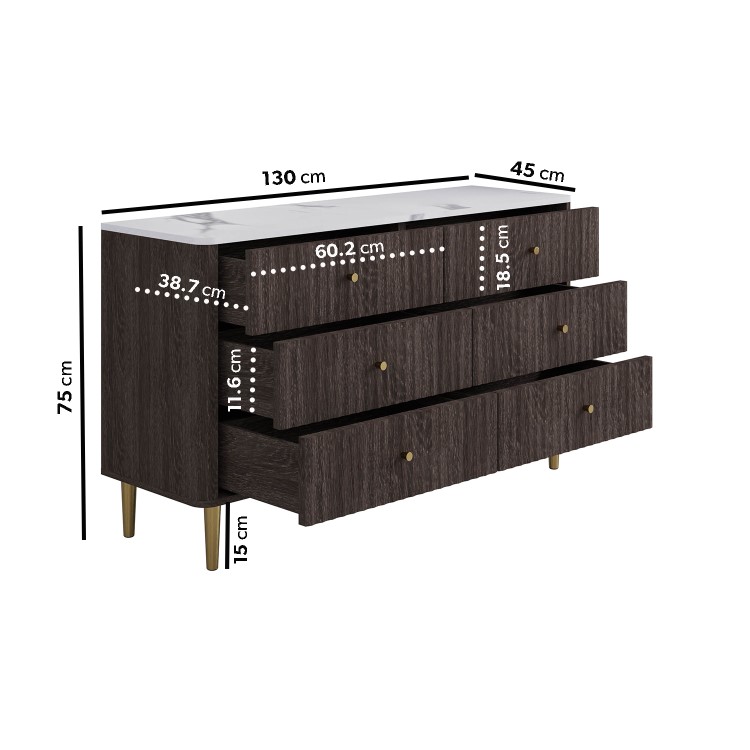 Wide Dark Wood Marble Top Fluted Chest of 6 Drawers - Lucia