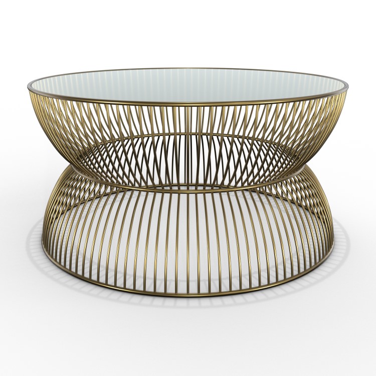 Gold Round Basket Coffee Table with Glass Top - Lux