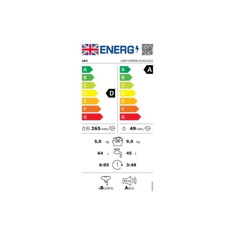 Refurbished AEG 7000 Series ProSteam LWR7195M4B Freestanding 9/5KG 1400 Spin Washer Dryer White