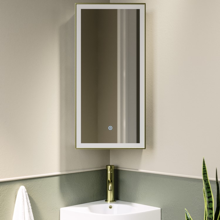 GRADE A1 - Single Door Corner Brass Mirrored Bathroom Cabinets with Lights 300 x 600mm - Lykos