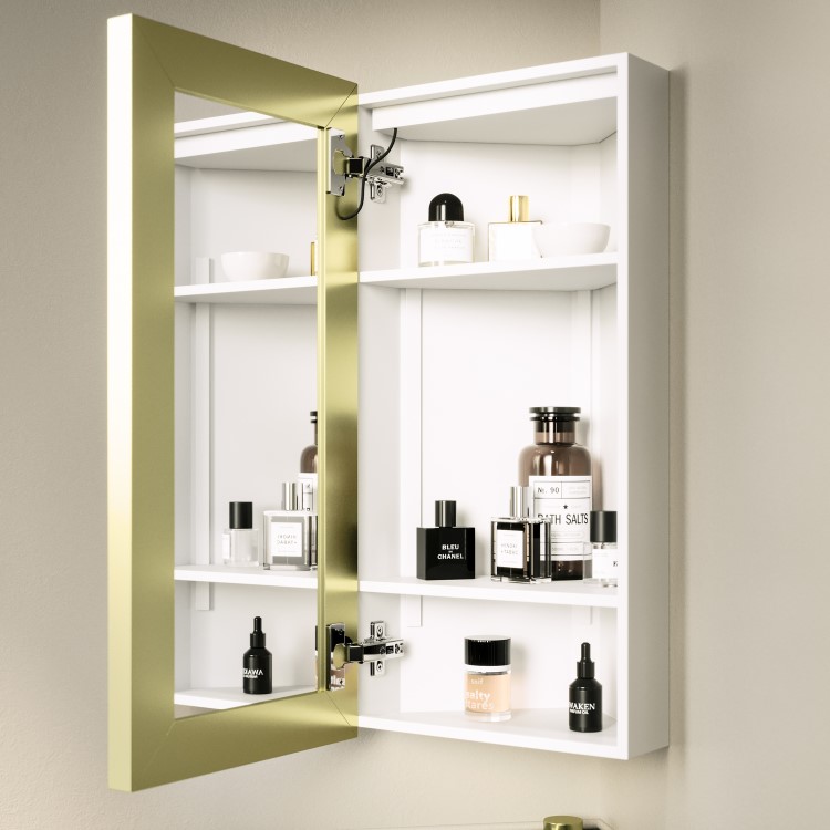 GRADE A1 - Single Door Corner Brass Mirrored Bathroom Cabinets with Lights 300 x 600mm - Lykos