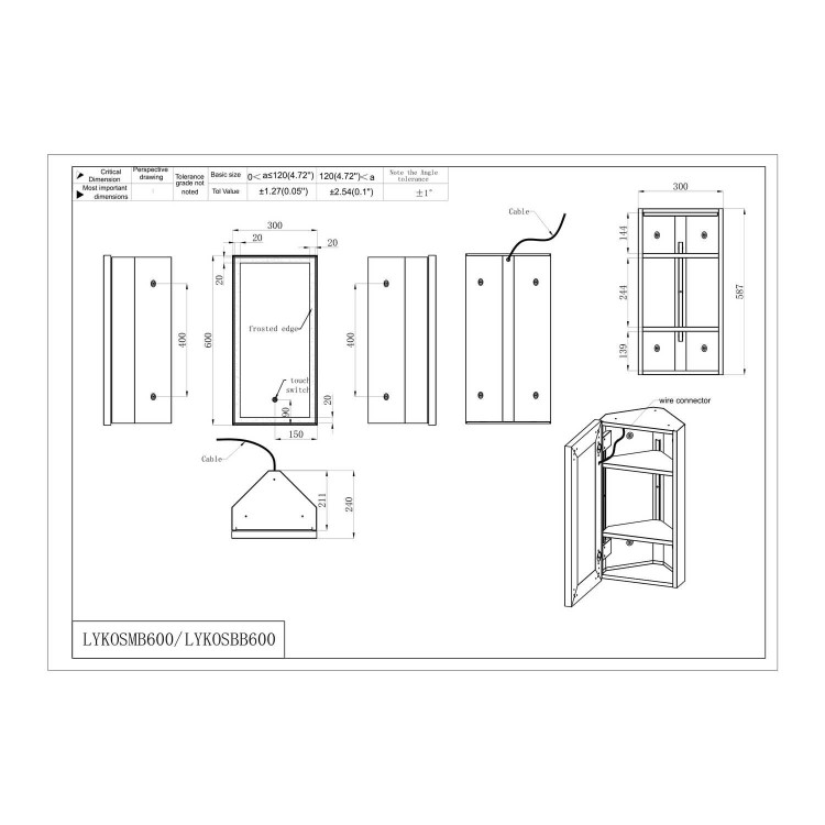 GRADE A1 - Single Door Corner Brass Mirrored Bathroom Cabinets with Lights 300 x 600mm - Lykos