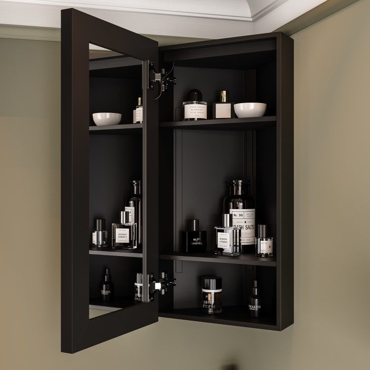 Single Door Corner Black Bathroom Mirror Cabinet with Lights 300 x 600mm - Lykos