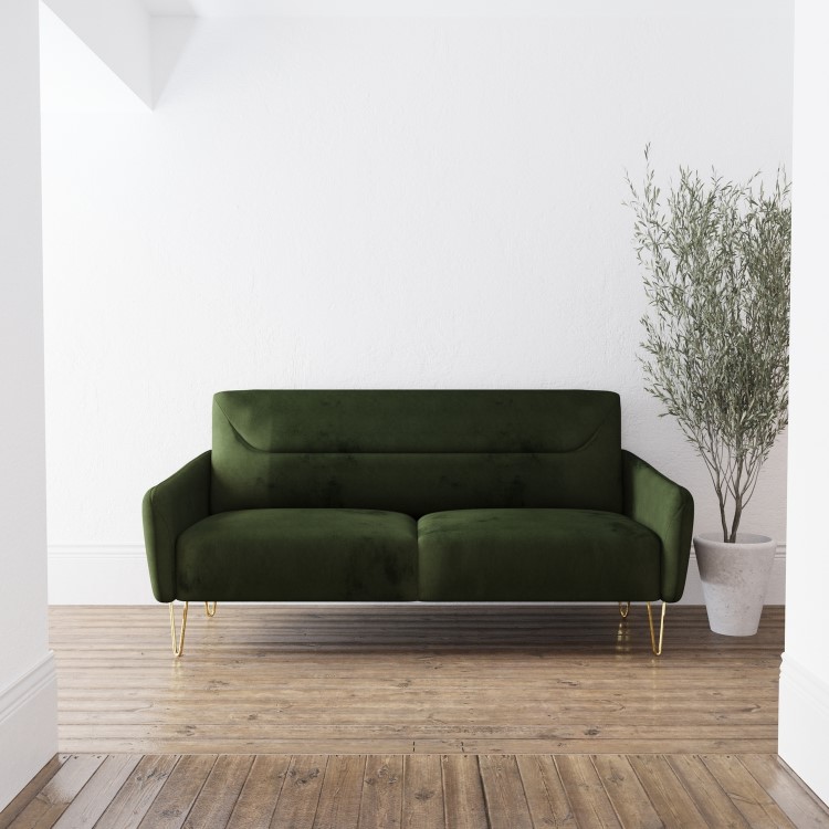 Green Velvet 2 Seater Sofa with Gold Hairpin Legs - Lyle