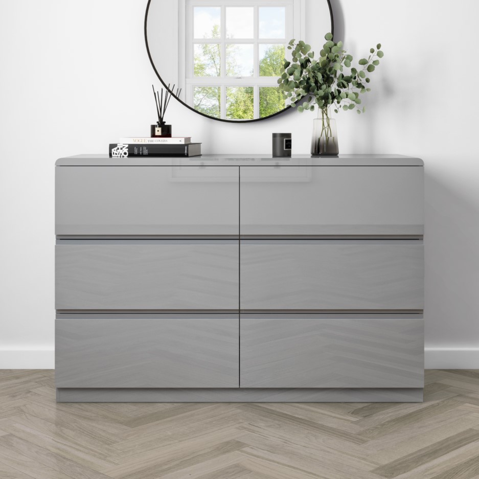 Grey Gloss 6 Drawer Wide Chest of Drawers Lyra BuyItDirect.ie